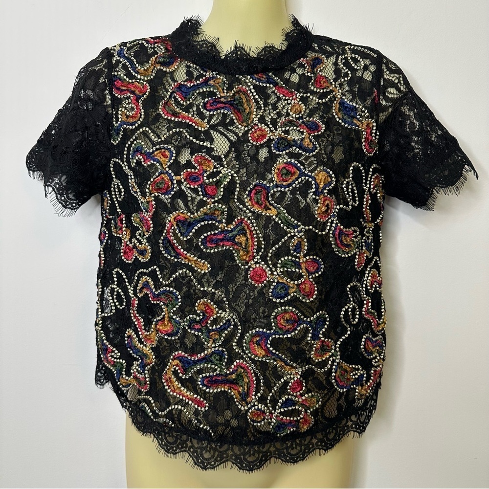 Zara Black Lace Embellished Short Sleeve Blouse with Multicolor Beading
